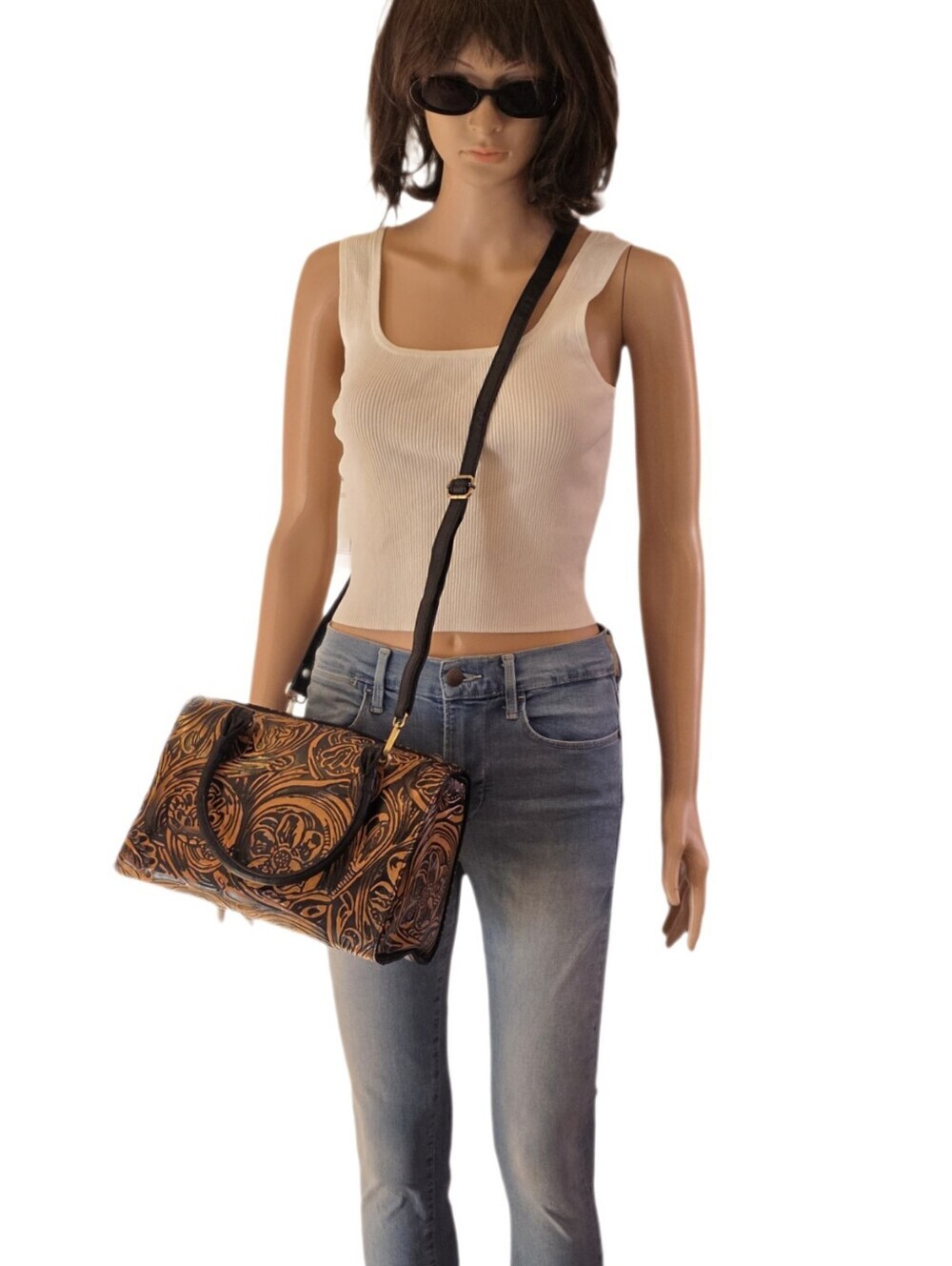Floral Artisan Leather Speedy Satchel Burnt Copper & Black Western Crossbody - Picture 6 of 17